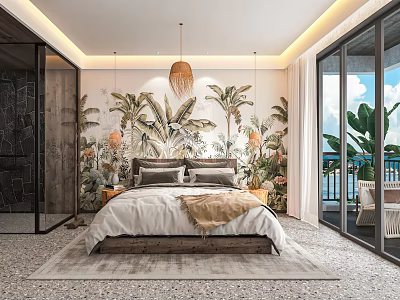 Hotel Guest Room Featuring Tropical Plant Wallpaper Rattan Pendant Light Bed Floor To Ceiling Windows 3d model