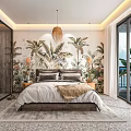 Hotel Guest Room Featuring Tropical Plant Wallpaper Rattan Pendant Light Bed Floor To Ceiling Windows