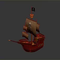 Red Hull Pirate Ship Model With Brown Sails And Black Skull Flag 3d model
