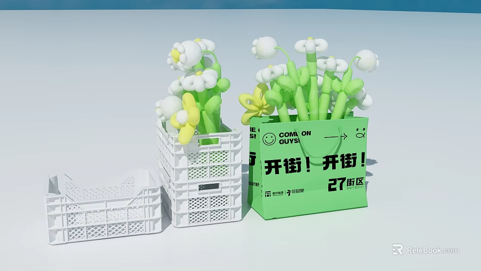 Green Shopping Bag With Kaijie Kaijie 27 Block Text And White Plastic Baskets With Flowers 3d model 