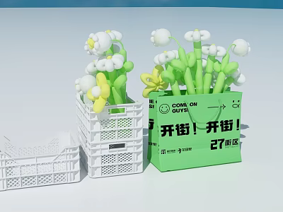 Green Shopping Bag With Kaijie Kaijie 27 Block Text And White Plastic Baskets With Flowers 3d model
