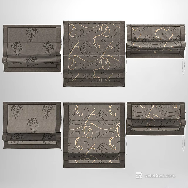 Roman Blinds Showcasing Various Floral And Swirl Patterns In Neutral Tones For Home Decor 3d model 