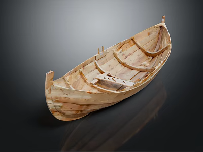 Traditional Handcrafted Wooden Boat With Wooden Planks Seat And Reflection On Dark Surface 3d model