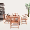 Traditional Chinese Solid Wood Tea Table and Chairs with Carved Backrest and Teaware Set 3d model