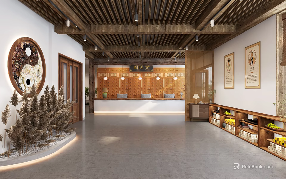 Traditional Chinese Medicine Clinic Lobby With Reception And Traditional Decor 3d model 