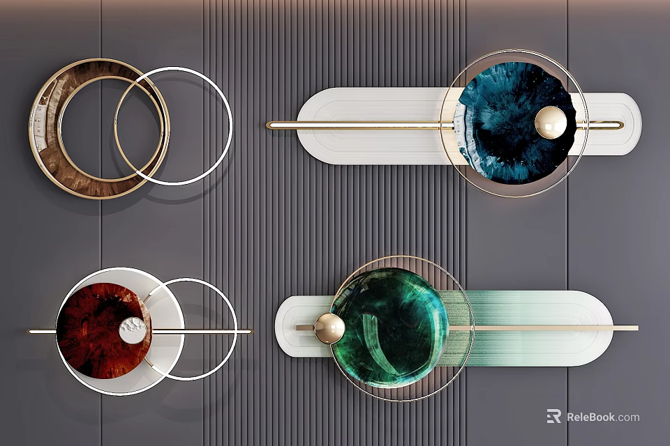 Multiple Modern Circular Wall Decor Pieces With Colored Glass Balls And Metal Rods 3d model 