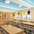 School Robotik Classroom With Bright Windows Student Desks Chairs Hanging Lights And Colorful Models