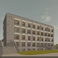 Modern Multi Story School Building With Gray Exterior Walls Numerous Windows And Front Lawn Stairs