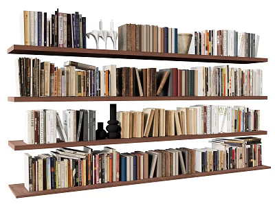 Books and Magazines Arranged on Multi Layer Wooden Shelves with Decorative Pieces 3d model
