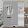 Clean Modern Entryway Interior With Hanging White Shirt Louvered Blinds And Whirlpool Washer Dryer