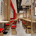 Chinese Restaurant Interior With Red Stools Wooden Tables And Counter Decor