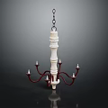 Classic White Columnar Chandelier With Red Curved Arms And Chain Suspended Candle Holders