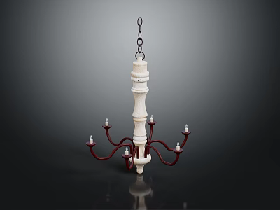 Classic White Columnar Chandelier With Red Curved Arms And Chain Suspended Candle Holders 3d model