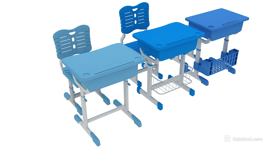 Blue School Desks and Chairs with Adjustable Design White Frames and Storage Basket 3d model