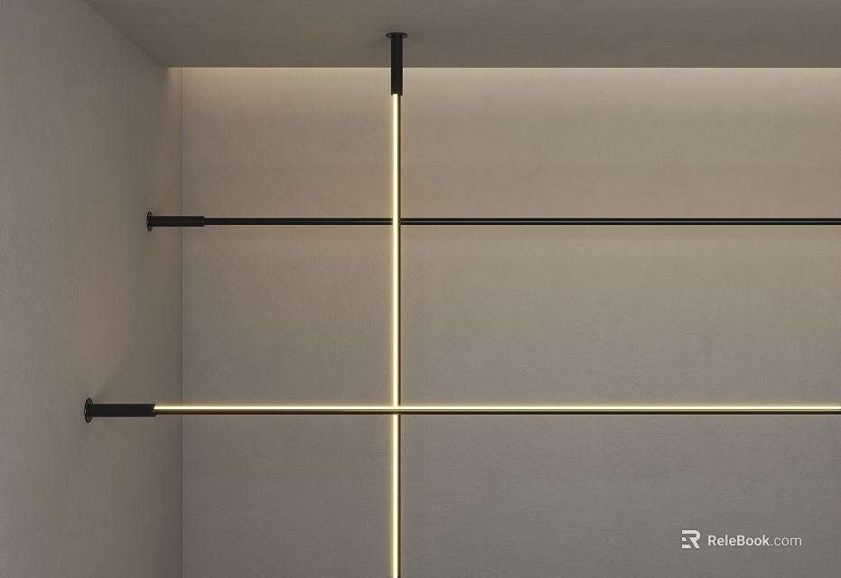 Modern Minimalist Interior Wall With Cross Black Metal Rods And Warm Lighting 3d model 