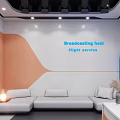 Modern Studio Interior With Blue White Decor Large Display Screens Showing Earth And Starry Sky