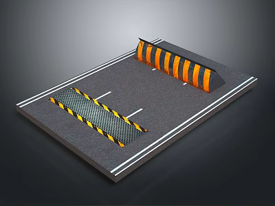 Road Pavement With Yellow Black Striped Barriers And White Lane Lines 3d model