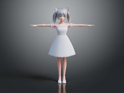 Anime Girl Character With Cat Ears Twin Tails And White Dress Standing 3d model