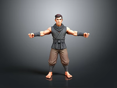 Male Character 3D Model With Sleeveless Top Brown Pants Barefoot And Outstretched Arms 3d model