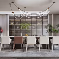 Stylish Restaurant Dining Area With Modern Lighting And Comfortable Chairs 3d model