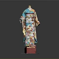 Traditional Japanese Kimono Mannequin Display With Colorful Floral Patterns And Red Base