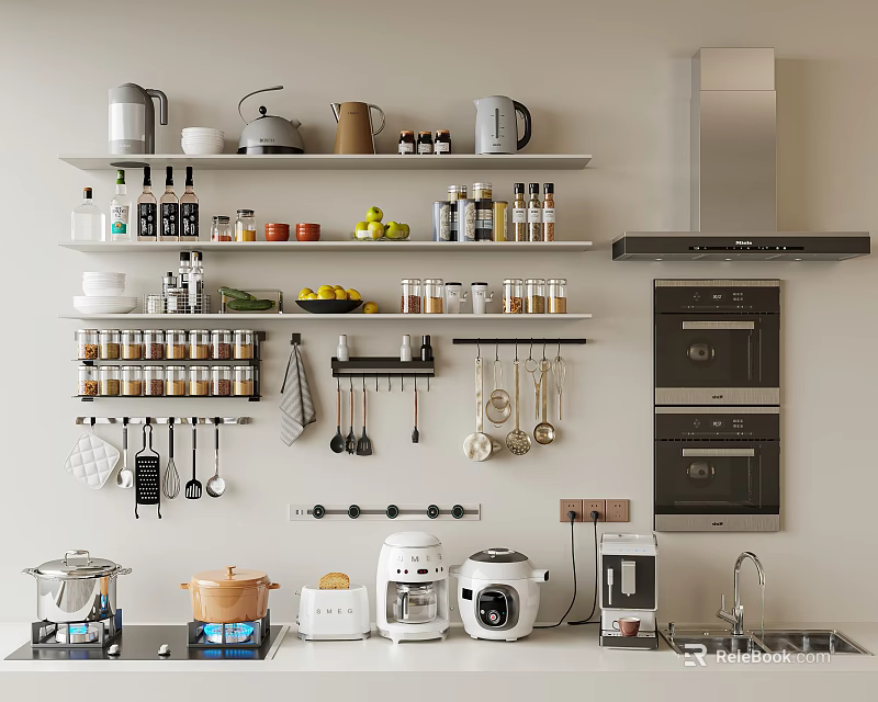 Organized Kitchen With Open Shelves Of Various Kitchenware Hanging Utensils And Appliances 3d model 