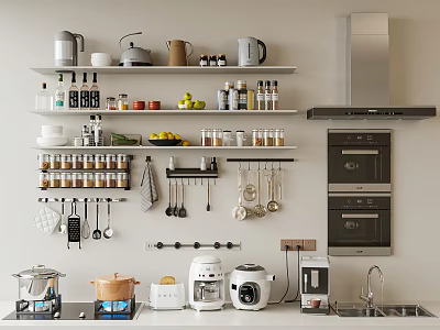 Organized Kitchen With Open Shelves Of Various Kitchenware Hanging Utensils And Appliances 3d model