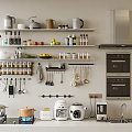 Organized Kitchen With Open Shelves Of Various Kitchenware Hanging Utensils And Appliances