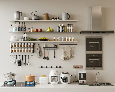 Organized Kitchen With Open Shelves Of Various Kitchenware Hanging Utensils And Appliances 3d model