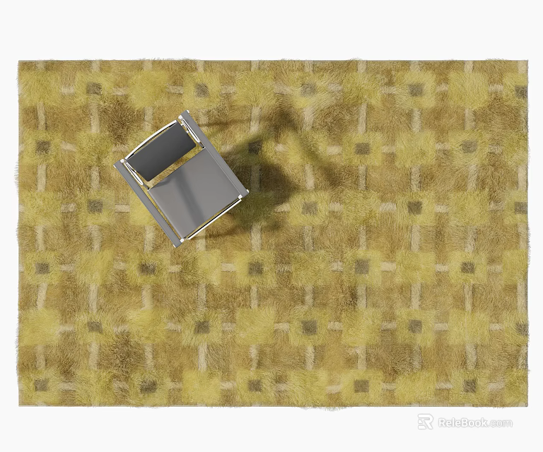 Yellow Fluffy Square Rug With Checkerboard Pattern And Chair On Top 3d model