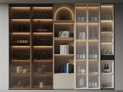 Elegant Modern Wine Cabinet Design With Glass Doors Lighting Wine Bottles And Glassware 3d model