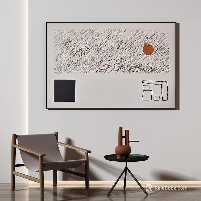 Minimalist Interior With Abstract Painting Lines Circle And Wooden Chair Side Table Vase 3d model 