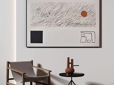 Minimalist Interior With Abstract Painting Lines Circle And Wooden Chair Side Table Vase 3d model