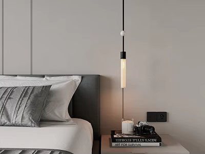 Modern Pendant Light in Bedroom with Gray Pillows White Bed and Black Headboard 3d model