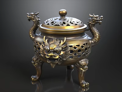 Traditional Chinese Brass Incense Burner With Dragon Handles And Pierced Lid 3d model