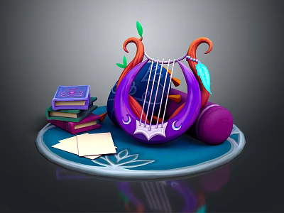 Colorful Decorative Ornament Set With Purple Harp Stack Of Books Papers And Blue Base 3d model
