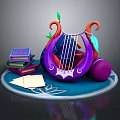 Colorful Decorative Ornament Set With Purple Harp Stack Of Books Papers And Blue Base