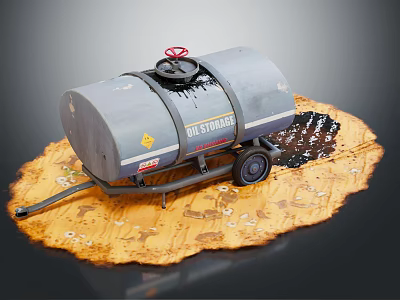 BLUSTAR Industrial Equipment Tanker Trailer with Wheels and Oil Spill on Ground Surface 3d model