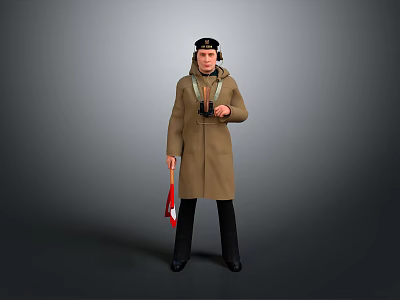 Man Wearing Brown Coat and Hat Holding Binoculars and Red White Flag on Gray Background 3d model