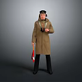 Man Wearing Brown Coat and Hat Holding Binoculars and Red White Flag on Gray Background