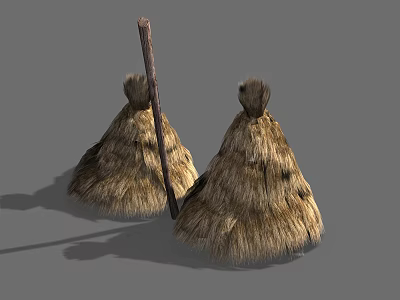 Two Rustic Handmade Straw Brooms With Natural Material And Wooden Stick 3d model