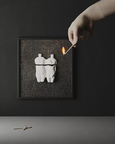 Creative Abstract Painting In Black Frame With White Human Outlines And Hand Holding Lit Matchstick 3d model