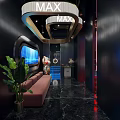 Futuristic Public Restroom Design With Red Lighting Circular Fixtures And Double Sinks