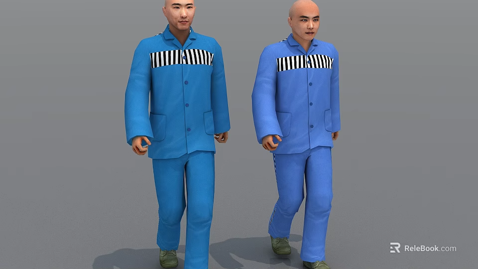 Two Men In Blue Uniforms Standing With Black And White Striped Chest On Grey Background 3d model 