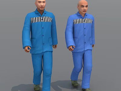 Two Men In Blue Uniforms Standing With Black And White Striped Chest On Grey Background 3d model