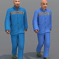 Two Men In Blue Uniforms Standing With Black And White Striped Chest On Grey Background