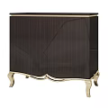 Elegant Modern Console Side Cabinet With Dark Wood Vertical Stripes And Golden Legs Smooth Surface