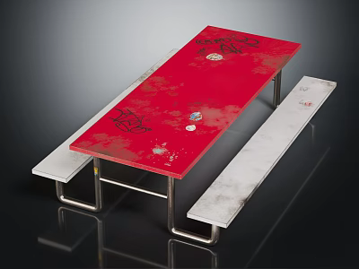 Red Picnic Table With Metal Frame And White Benches For Outdoor Furniture Use 3d model