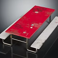Red Picnic Table With Metal Frame And White Benches For Outdoor Furniture Use