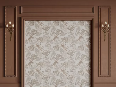 Elegant Bedroom Accent Wall With Brown Paneling Palm Leaf Pattern Wallpaper And Gold Wall Sconces 3d model